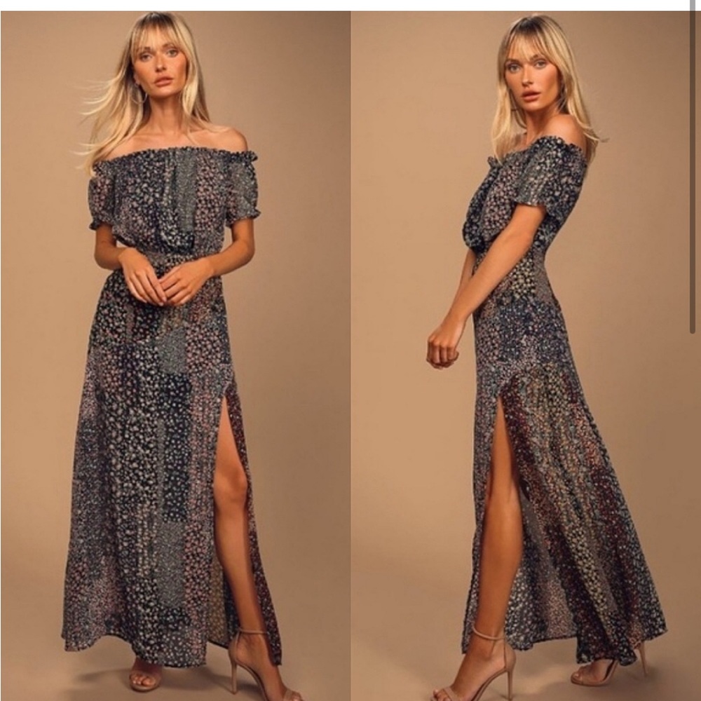 Lulus Neva Navy Blue Floral Print Off-the-Shoulder Maxi Dress- Sz Small